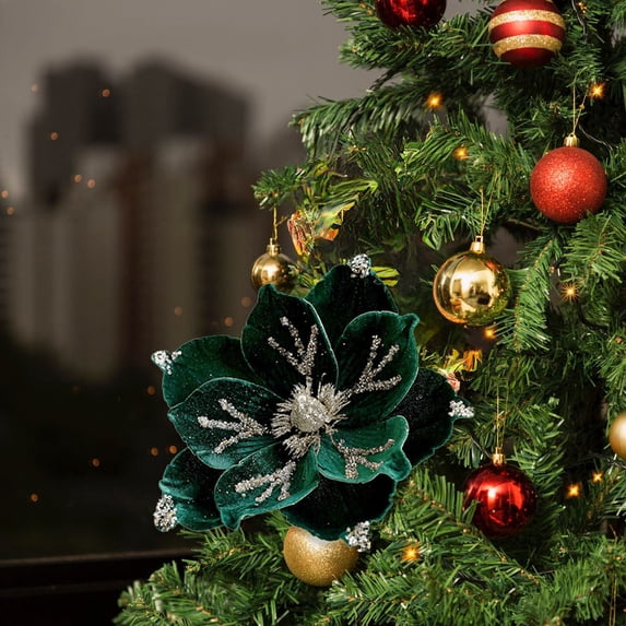 HomeKingdee Glitter Christmas Flower Artificial Magnolia Flowers Velvet Fold Christmas Tree Flower Decorations Xmas Tree New Year Party Wedding Ornaments