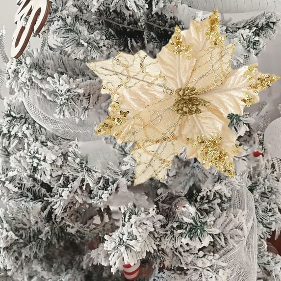 HomeKingdee Glitter Christmas Flowers Metallic Mesh Poinsettia Flower Clip On Ornaments for Xmas Tree Wreaths Decor Christmas Tree