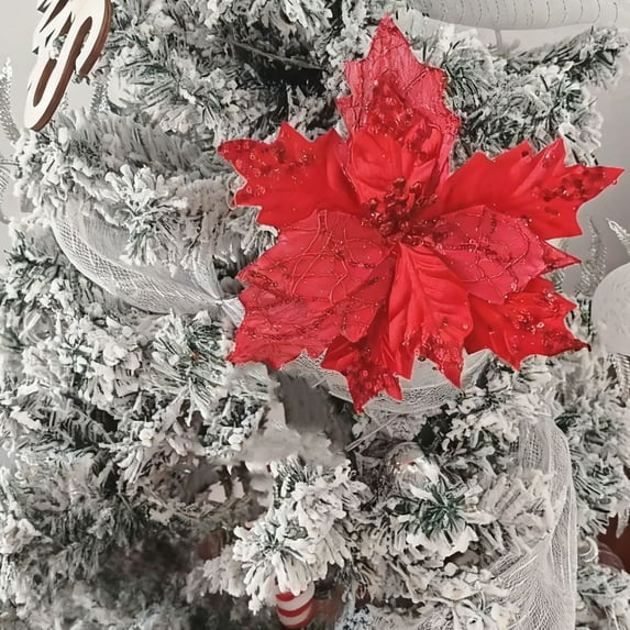 HomeKingdee Glitter Christmas Flowers Metallic Mesh Poinsettia Flower Clip On Ornaments for Xmas Tree Wreaths Decor Christmas Tree