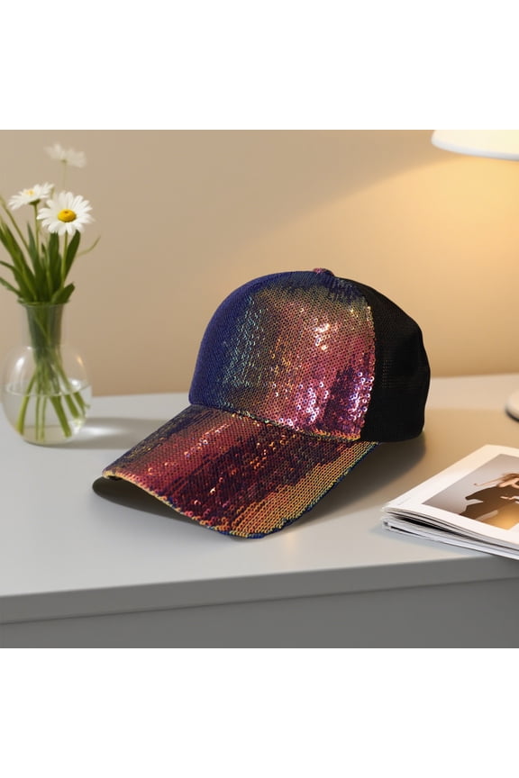 Glitter Sequin Baseball Cap Hat - Adjustable Mesh Breathable Sun Hat with Ponytail Holes, Fashionable Peaked Cap for Women Outdoor Travel Party Camping Photoing