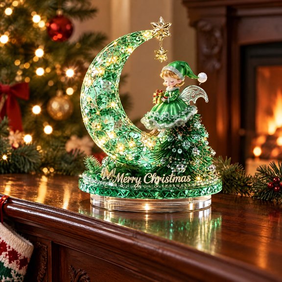 HomeKingdee Green Glitter Moon Elf Tabletop Figurine Merry Christmas