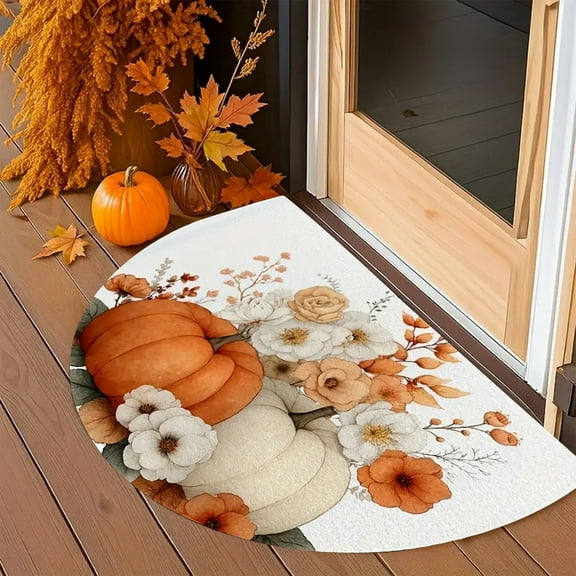 HomeKingdee Half Round Door Mat Soft Non Slip Semi Circle Bath Rug with TPR Backing,Thanksgiving Fall Sunflower Pumpkin On Plaid Welcome Doormat Entryway Rugs