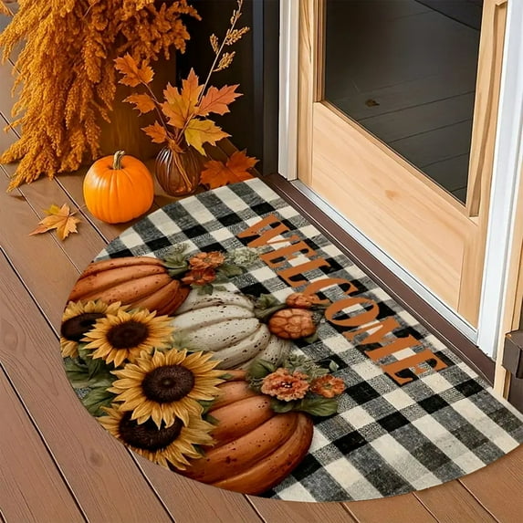 HomeKingdee Half Round Door Mat Soft Non Slip Semi Circle Bath Rug with TPR Backing,Thanksgiving Fall Sunflower Pumpkin On Plaid Welcome Doormat Entryway Rugs