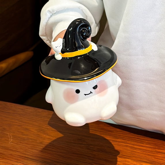 HomeKingdee Halloween Gifts, Ghost Ceramic Coffee Mug, Cute Ghost Mug with Witch Hat Lid, Novelty Halloween Ceramic Tea Cup Halloween and Christmas