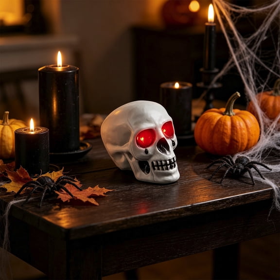 HomeKingdee Halloween Light Up Eyes Skull Figurine With Flashing LED Spooky Skeleton Head Tabletop Decoration Battery Operated For Home Party