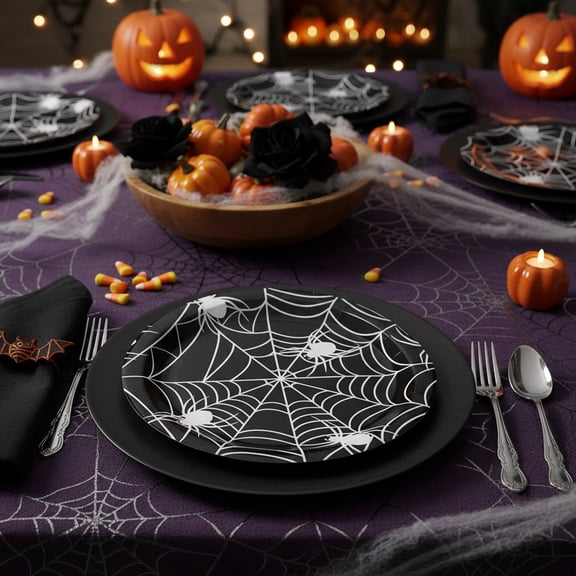 HomeKingdee Halloween Plates Spider Web Paper Plates Party Supplies, Spiderweb Halloween Disposable Paper Dinnerware Decorations, Spooky Tableware