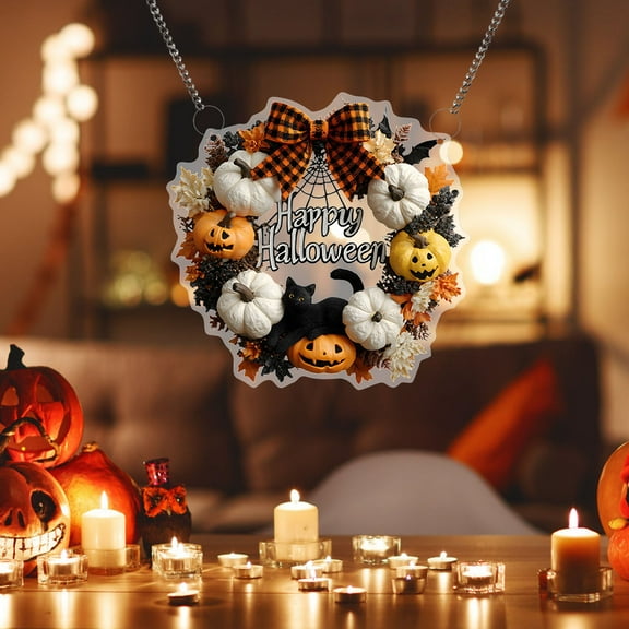 HomeKingdee Halloween Pumpkin Skull Wreath Ornament - Acrylic Round Disk Hanging Decor for Window, Porch, Doorway Decoration, Halloween Party Supplies