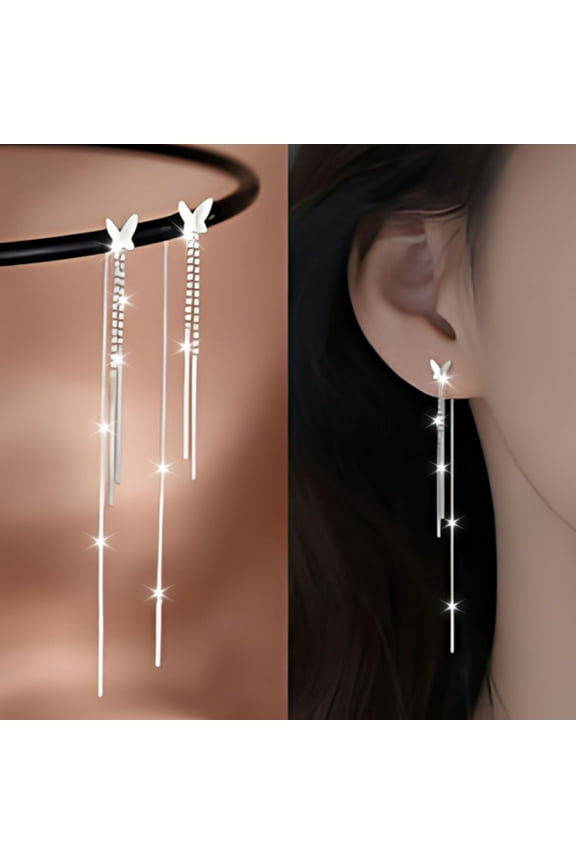 Long Butterfly Tassel Threader Earrings - Boho Style Long Chain Pull Through Dangle Earrings with Bead Drop for Women Fashion Accessories Gift