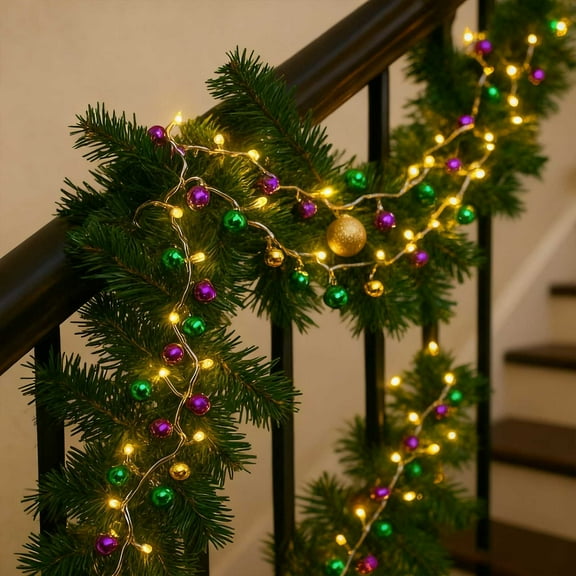 HomeKingdee Mardi Gras Decoration: Shiny Purple, Green, and Gold Ball Ornament Garland - Festive Decor for Fat Tuesday and Carnival Parties