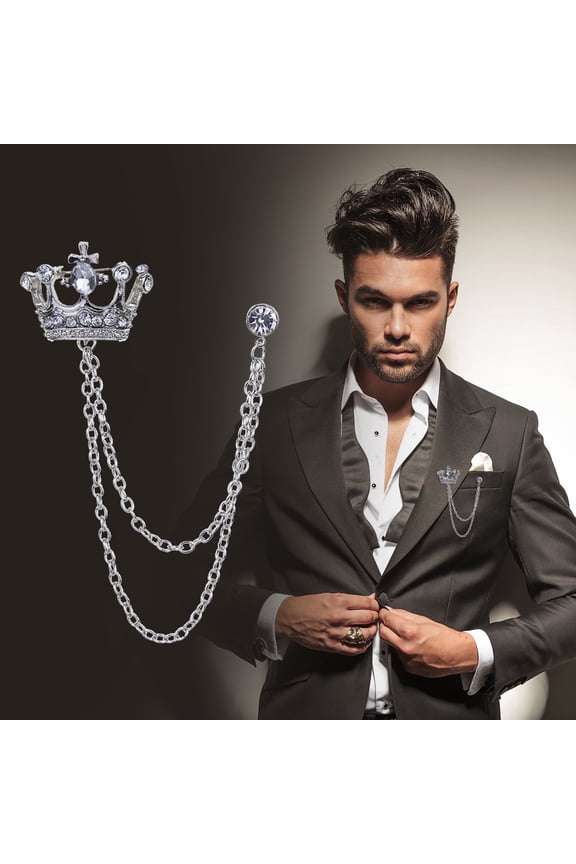 Men's Crown Brooch - High-End Alloy Silver-Plated Banquet Suit Chain Pin Badge for Formal Wear and Gifts