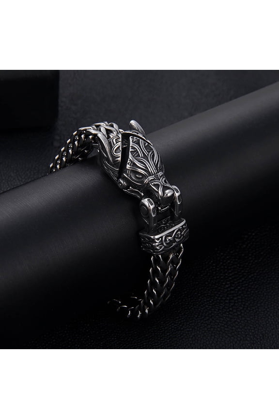 Men's Geometric Wolf Head Bracelet - Stainless Steel Punk Vintage Thick Chain Fashion Jewelry Accessories Gift for Men