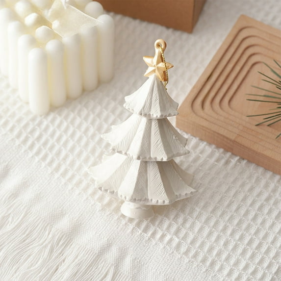 HomeKingdee Mini Christmas Tree Figurine - Decorative Tabletop Figurine for Holiday Decor - Small White & Gold Ceramic Christmas Tree Shelf Sitter