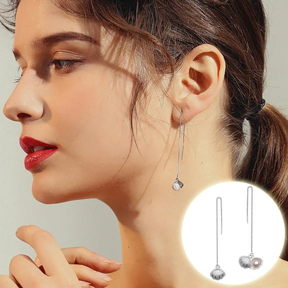 HomeKingdee Openable Pearl Ear Wires Geometric Scallop Earrings - Silver-Plated Alloy Man-made Pearl Fashion Earrings for Women