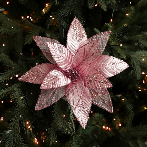 HomeKingdee Poinsettia Flowers - Red Glittered Poinsettia Clip On Ornaments - Christmas Decorations - Decorative Floral Accessories