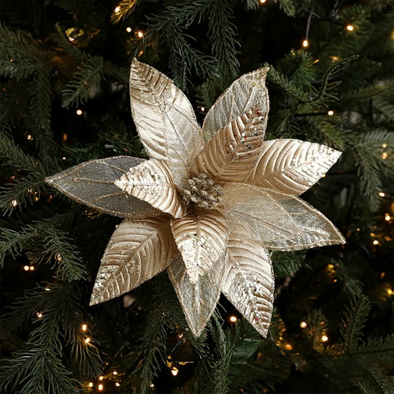 HomeKingdee Poinsettia Flowers - Red Glittered Poinsettia Clip On Ornaments - Christmas Decorations - Decorative Floral Accessories