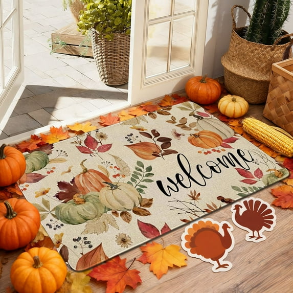 HomeKingdee Pumpkins Leaves Fall Door Mat Welcome Decorative Doormat Autumn Harvest Thanksgiving Rustic Low-Profile Floor Rug Switch Mat