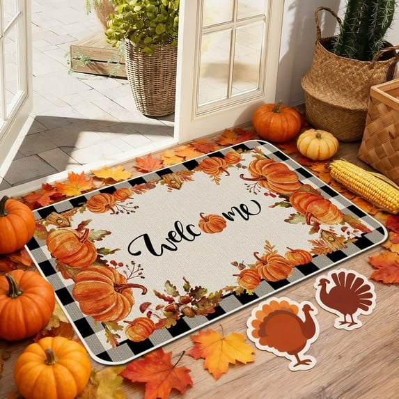 HomeKingdee Pumpkins Leaves Fall Door Mat Welcome Decorative Doormat Autumn Harvest Thanksgiving Rustic Low-Profile Floor Rug Switch Mat