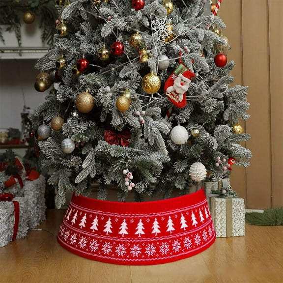 HomeKingdee Red Snowflake Knitted Christmas Tree Skirt - Acrylic Festival Decoration for Xmas Tree Surround, Festive Indoor Party Supplies
