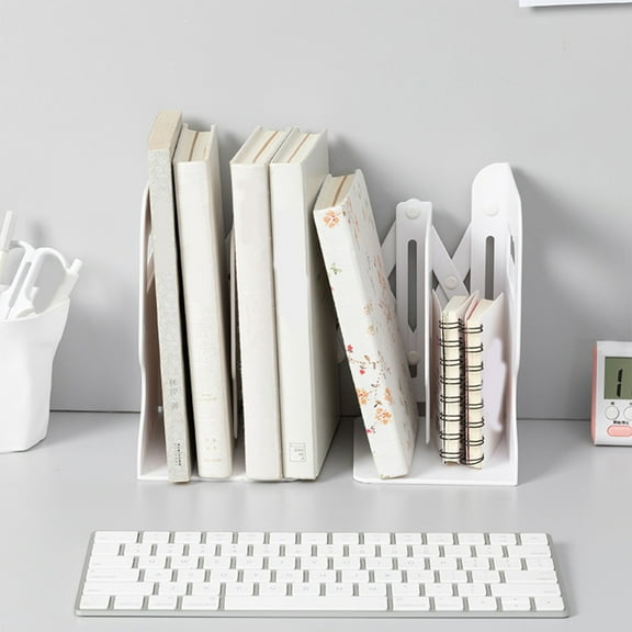 HomeKingdee Retractable Book Stand - White Plastic Bookshelf Organizer for Study Desk, 20x8x61in
