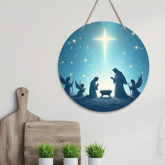HomeKingdee Round Wooden Nativity Resurrection Decorative Wall Hanging - White Wooden Carved Cross Birth Ornament for Indoor Baptism Christmas Tree Church Decor