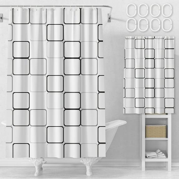 HomeKingdee Shower Curtain Grey, Geometric Plaid Cloth Shower Curtain Sets with Shower Curtain Hooks, Washable Fabric White Shower Curtain