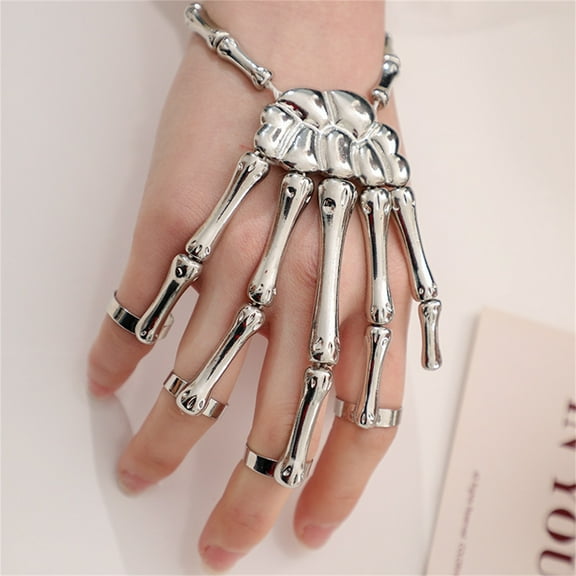HomeKingdee Skeleton Hand Bracelet - Silver-Plated Punk Gothic Novelty Accessory for Halloween Cosplay Costume Parties and Nightclub Events
