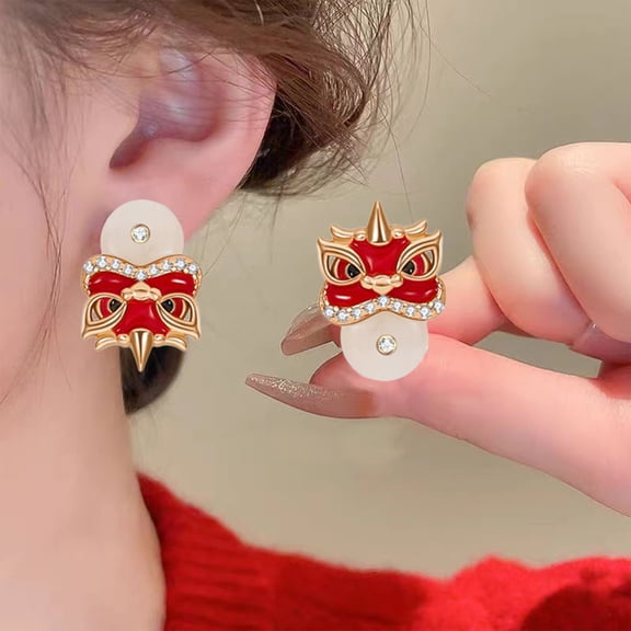 HomeKingdee Stainless Steel Awakening Lion Ear Studs - Multicolor Chinese Style Dangle Earrings for Valentines Day Gifts, Upgraded Year Party Jewelry for Women