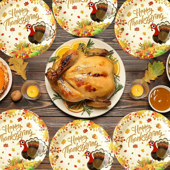 HomeKingdee Thanksgiving Turkey Plates Fall Paper Plates With Autumn Maple Leaves Pumpkins for Turkey Party Decoration Supplies