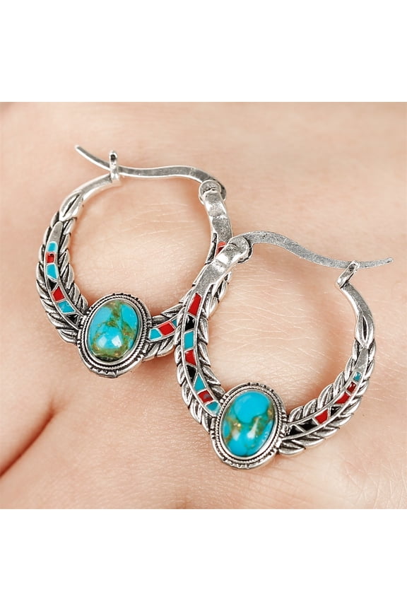 Turquoise Inlaid Eagle Feather Dangle Earrings - Women Fashion Elegant Hook Jewelry for Gift Giving and Different Occasions
