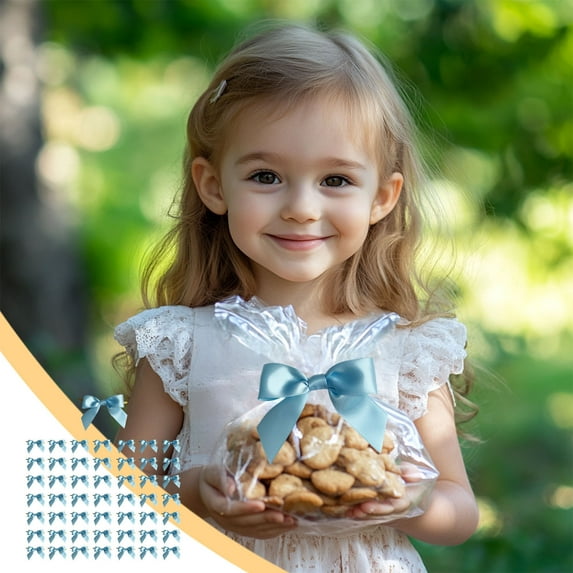 HomeKingdee Twist Tie Bows for Treat Bags Pre-Tie Light Blue Bows Satin Ribbon Bows for Gift Wrapping Premade Bows for Crafts, Party Favors, Wedding