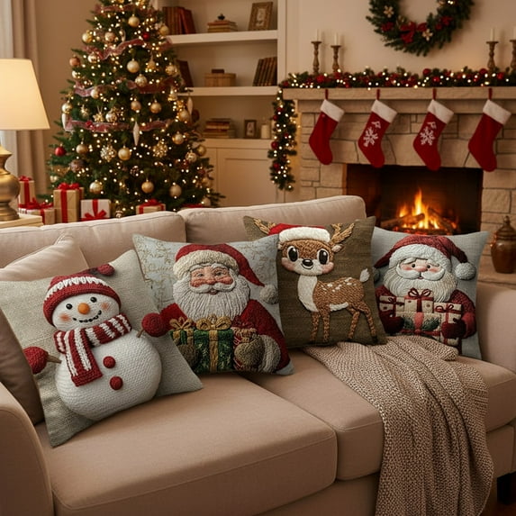 HomeKingdee Vintage Christmas Throw Pillow Cover, Xmas Decoration Cushion, Winter Holiday Decorative Pillow Case, Santa Claus Snowman Pillowcase, Indoor Home Bedroom Sofa Couch Decor