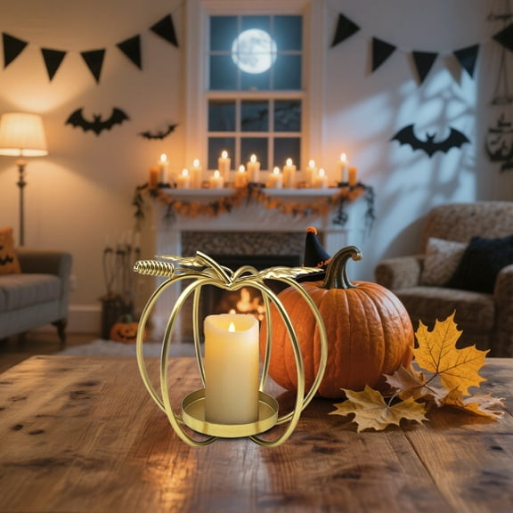 HomeKingdee Vintage Iron Pumpkin Candlestick Holder - Halloween Harvest Festival Decoration with Hollow Carving Design for Indoor Outdoor Use