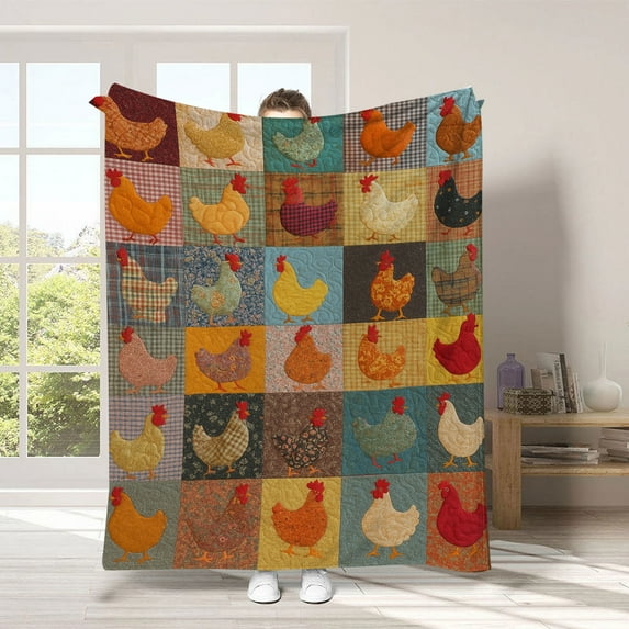 HomeKingdee Vintage Rooster Plaid Print Blanket Chicken Print Flannel Blanket Cute Cozy Chicken Throw Funny Farm Quilt Lightweight Warm No Overheating