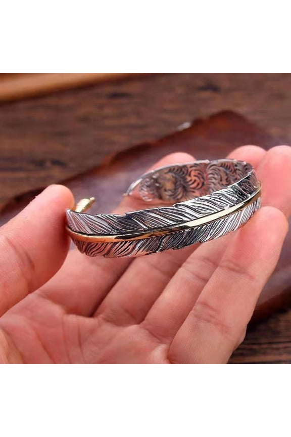 Vintage Silver-Plated Feather Cuff Bangle Bracelet for Men and Women - Gold Color​ Plated Multicolor Metal Jewelry Accessory for Fashion Gift