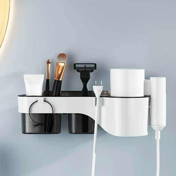 HomeKingdee Wall-Mounted Hair Dryer Rack with 3 Storage Grids - No Punching Required Bathroom Organizer for Hair Accessories, Black/Blue, Plastic, 10.8x3.94x3.74 in