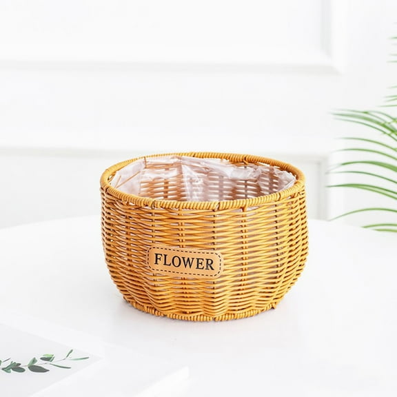 HomeKingdee Weaved Storage Basket with Double Handles, Oval Plastic Rattan Style Flower Pot Organizer for Home Decor, Plant Arrangement, Gift Basket (7.68x7.68x4.92 in)
