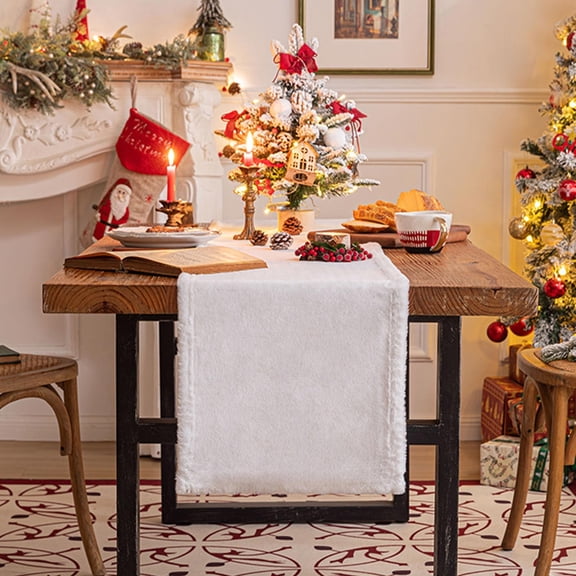 HomeKingdee White Faux Fur Table Runner, Thanksgiving Christmas Winter Fluffy Table Runner Home Kitchen Dinning Coffee Table Center Dressing Dresser Cover Party
