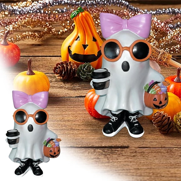 HomeKingdee White Ghost Girl Figurine with Pink Bow & Hot Drink - Resin Halloween Decor, Cute Spooky Tabletop Ornament for Home, Mantle, Desk & Party Decoration