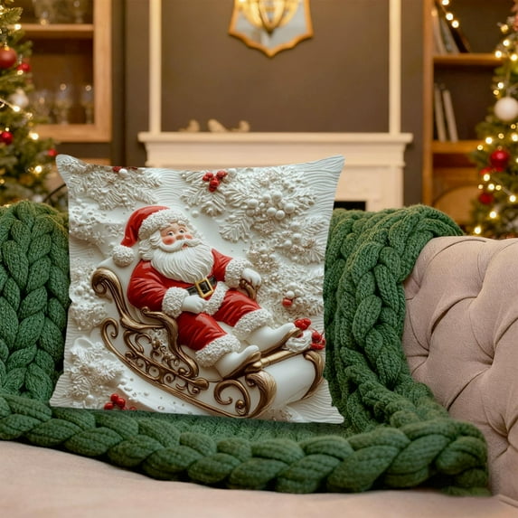 HomeKingdee White Relief Aesthetic Christmas Throw Pillow Covers, Soft Comfy Xmas Santa Claus Trees Pillow Cases, Poinsettia Snowman Reindeer 3D Decor