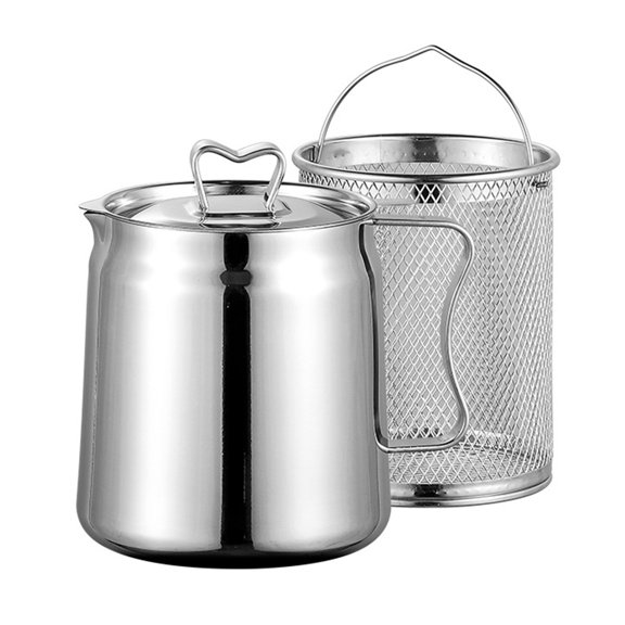 HomeLife 1.5/2L Stainless Steel Oil Filter Pot with Deep Fryer Basket Large Capacity Fine Mesh Strainer Bacon Grease Saver Oil Storage Container Kitchen Supplies