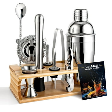 HomeLife 10Pcs Bartending Tools Set Stainless Steel Cocktail Shaker Kit Mixology Drink Mixer Mixing Glass Measuring Jigger Strainer Muddler Bamboo Rack Bar Accessories