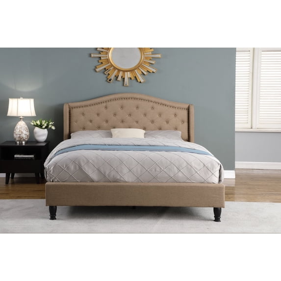 Homelife Full Size Linen Upholstered Platform Bed Frame, Light Brown, 53" Diamond Tufted Headboard, No Box Spring Needed
