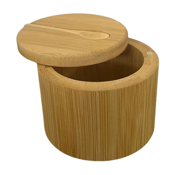 HomeLife Bamboo Seasoning Storage Box with Magnetic Swivel Lid Wooden Salt Cellar Pepper Sugar Spice Holder Round Container Bowl Kitchen Gadgets