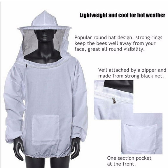HomeLife Beekeeper Smock White Anti-Bee Protective Clothing, Beekeeper Pullover Jacket Smock with Veil, Pocket, Zipper Hood, One Size