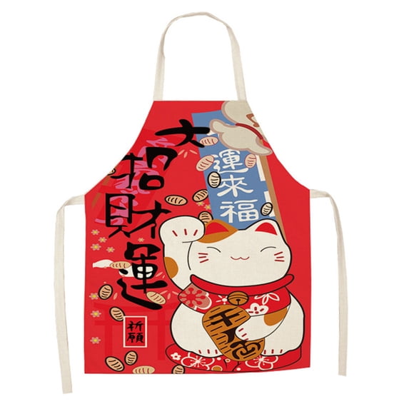 HomeLife Chef Bib Sleeveless Stain Repellent Flax Lucky Cats Printed Cooking Apron Baking Accessories