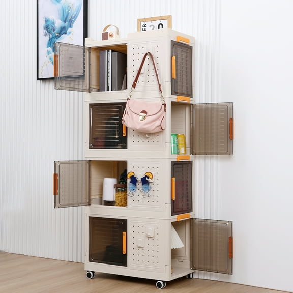 HomeLife Collapsible Storage Bins with Lids, 4-Layer Stackable Shoe Organizer with Wheels, Moveable Storage Cabinet Toy Storage Bin Stackable Transparent Case Two Doors Storage Organizer