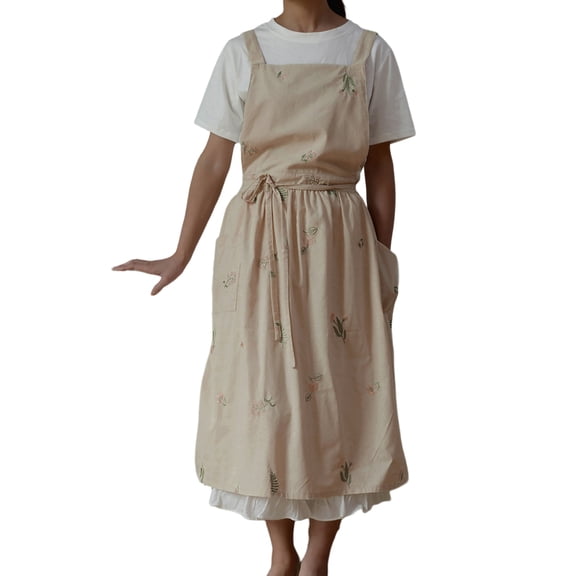 HomeLife Cross Back Cooking Apron Breathable Retro Cotton Embroidered Bib Apron for Home
