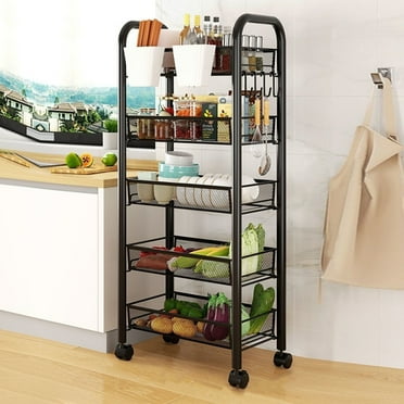 HomeLife Kitchen Storage Rack with Wheels for Fruit Vegetable Storage, 5 Tier Stackable Metal Mesh Basket Multi Functional Snack Storage Rack with 2 Hanging Boxes Small Cart Rack