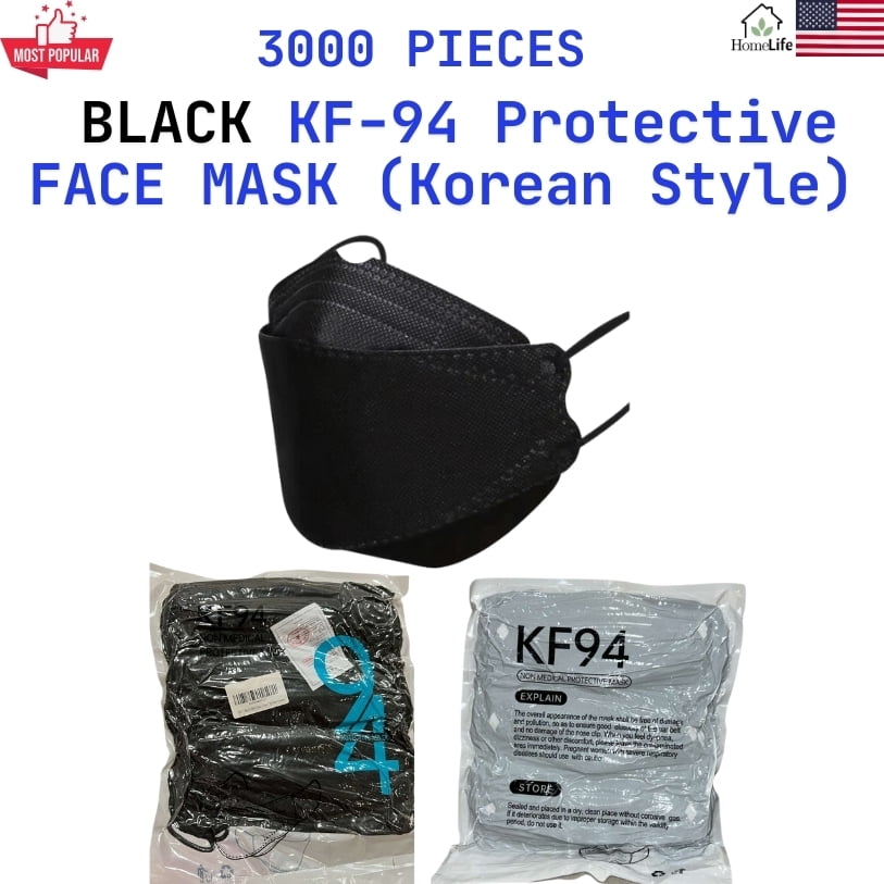 HomeLife LLC Black KF94 4-Layer Earloop Face Masks Vacuumed in Bags, 3000 Count
