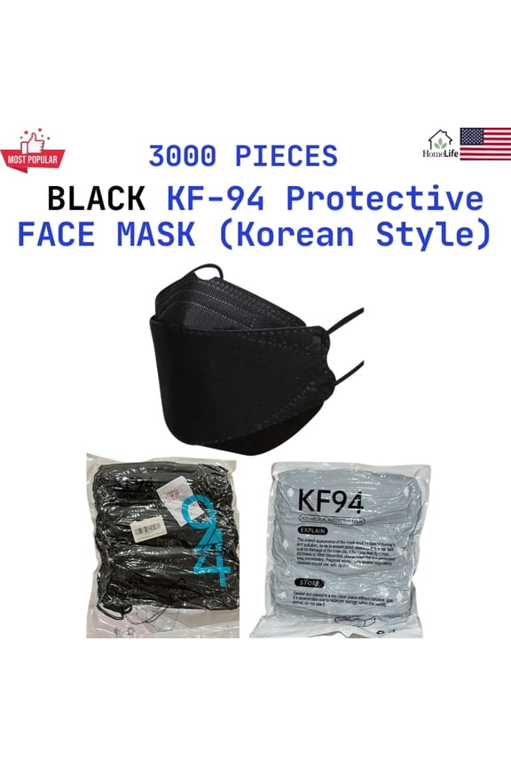 Black KF94 4-Layer Earloop Face Masks Vacuumed in Bags, 3000 Count